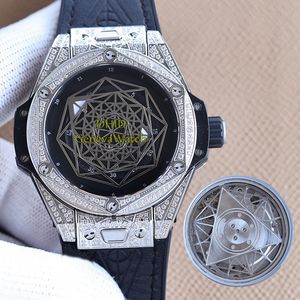 Full Diamond Watch Bezel 45mm 904L Rostfri Stell Case Miyota Mechanical Automatic Movement Mens Watches Rubber Quick Release Watchband Geometry Dial Wristwatch