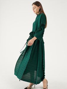 カジュアルドレスハイロンググリーンドレス2022冬の女性審美的な服プリーツペタルスリーブラペルカーディガンサッシプラスサイズ