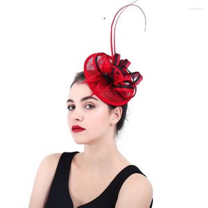 Headpieces European American Style Fashion Bride Headdress Red Flax Mesh Feather Bow-knot Wedding Headpiece Handmade Vintage