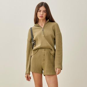 Women's Tracksuits Women Half Zip Relaxed Waffle Sweatshirt & Elastic Waistband Shorts Co-ord Set