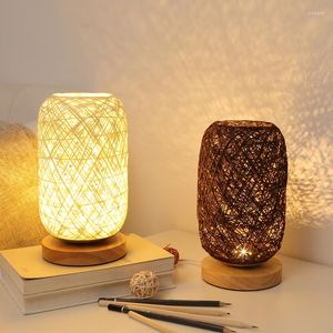 مصابيح طاولة الخشب راتان خيوط الكرة المصباح غرفة غرفة ديكور الفن المنزل ضوء