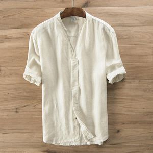 Herren lässige Hemden 2022 Herren Vintage Halbärmel-Leinen V-Ausschnitt Schlankes Hemd Hidden Knopf Marke Chinesische Stil atmungsablöser Kleidung