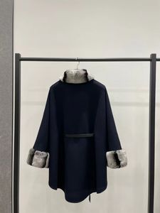 LP Cashmere Double Women Salzburg Cape Coat بحجم مجاني من الصوف والماوس فرو حلقات الخصر غير المرئية المدمجة في الغرز