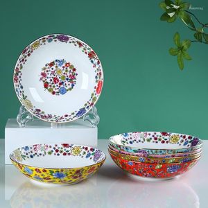 Plates Golden Stroke Painted Ceramic Plate Chinese Classical Deep Dishes Million Flowers Decorative Dinner Fruit Salad