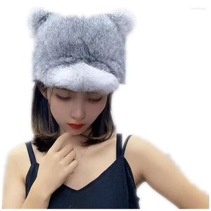 Visors women inverno chapéu de pele real cheia de gorro grosso quente com orelha fofa de cabeça ajustável