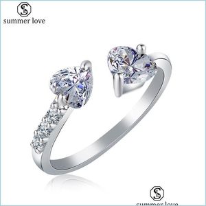 Band Rings Two Heart Opposite Zircon Ring Adjustable Opening Foreign Trade Best Selling Couple For Women Wedding Anniversary Jewelry Dhnot