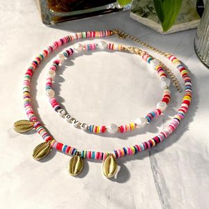 Ketten Regenbogenfarben Polymer Tonschale Halskette Weiche Keramik farbenfrohe Surfer Perlen Buchstaben Halshergefertigte Femme Schmuck