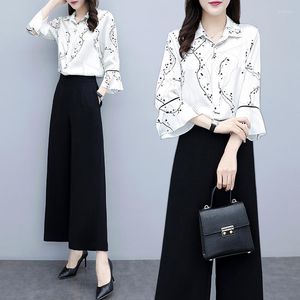 Kvinnors tr￤ningsdr￤kter 2022 Summer Fashion Elegant Two Piece Set Women Casual Flare Sleeve Chiffon Shirt och High midje Wide Ben Pants Suits