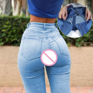 Women's Jeans Woman Open Crotch Sexy Crotchless Fashion Pants Elastic Fitness Sport Booty Lifter Hidden Zipper Club Couple Sex Game