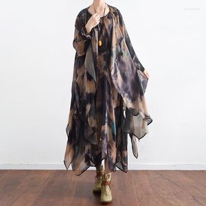 Casual Dresses Qaturalan 2022 Etniska kvinnor klänning 2 Set ärmlöst slipsfärgad siden Silk Vestidos Plus Size -klänning Vintage Maxi Robe Elbise