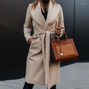 Mulheres femininas Mulheres elegantes colar de colarinho de colarinho de lã Coat de outono de inverno casual casual de casacos longos escritórios Mangas sólidas de manga sólida