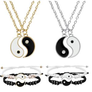 Tai Chi Yin Yang Couple Bracelets Alloy Pendant Adjustable Braid Chain Bracelet Necklace Matching Lover Bracelets Necklaces Set