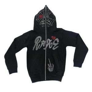 Felpe con cappuccio da uomo Felpe Y2K Full Zip Up Felpa con cappuccio Uomo Autunno Inverno Gothic Strass Spider Web Felpa Hip Hop Grunge Sketon Giacca oversize Cappotto 1024H22