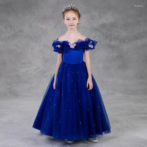 Abiti da ragazza Europa Abito a fiori in stile americano Carino scollo a barchetta in tulle di pizzo blu Lungo spettacolo per ragazze grandi da principessa