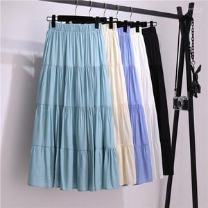 Skirts Summer Stitching Cotton And Linen Skirt Elegant Elastic High Waist Ruffles Pleated All-match A Line Casual Beach Holiday