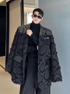 Men's Suits SYUHGFA Men's Wear Korean Streetwear PU Leather Patchwork Jacquard Suit For Male 2022 Autumn Loose Long Sleeve Blazers