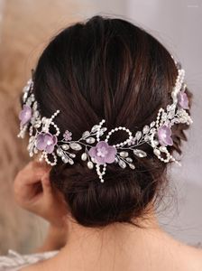 Headpieces Brud Luxury Purple Flower Pearls Rhinestones pannband tiaras kronor prom hår smycken bröllopstillbehör för kvinnor