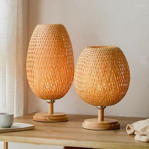 Bordslampor kinesiska v￤vning bambu lampa s￤ngen sovrum skrivbord hand stickat rotting tr￤ heminredning nattbord belysningsarmaturer