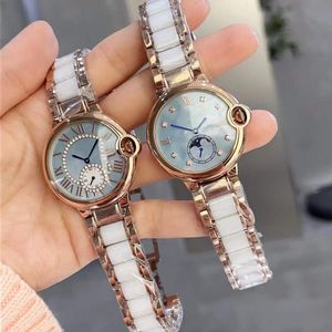 36mm Classic Geometric Moon Phase Watches Women Zircon Quartz Stopwatch Roman Number Clock Female Mother of Pearl Circle Dial White