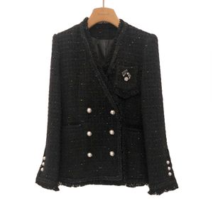 Casaco blazer médio longo de lã com decote em V e trespassado lurex tweed feminino SMLXLXXL