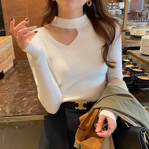 Suéteres femininos 2022 Novo Spring Autumn Women Sweater Halter Neck Design Hollow Out Color Sólida Manga Longa Tops de malha de fundo fino T221019