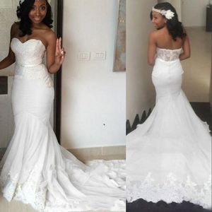 Simple Mermaid Wedding African Sweetheart Illusion Lace Appliques Beach Sleeveless Bride Dresses Bridal Gowns Plus Size Sweep Train 403