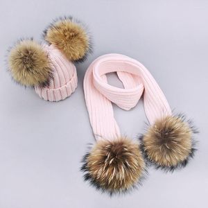 Hats Scarves Gloves Sets Parent Child Caps Cute Infant Baby Pompon Winter Hat Scarf Real Natural Fur Ball Mother Kids Warm Knitted Beanies