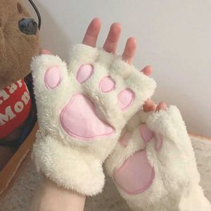 Fingerless Gloves Cute Cat Paw Fluffy Claw Fingerless Gloves Warm Soft Plush Fingerless Panda Glove Half Finger Women Winter Wear Christmas Gifts L221020