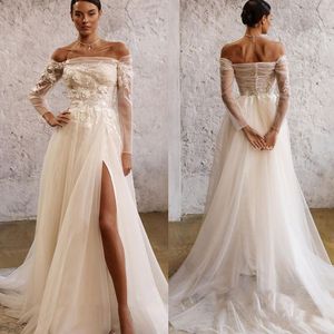 Schulter von einer Linie Meerjungfrau Hochzeitspitze volles transparentes Schlärmbrautkleid hohe geteilte Tüllkleider