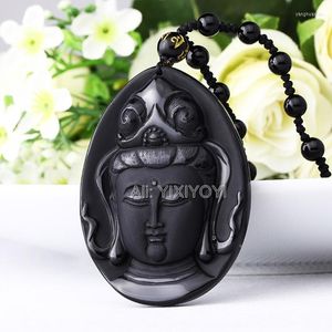 Anhänger Halsketten Schöne natürliche schwarze Obsidian handgeschnitzte chinesische Segen GuanYin Kopf Glück kostenlose Perlen Halskette Modeschmuck