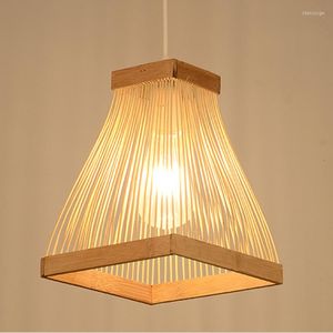 Подвесные лампы квадратный рог бамбуковой лампы вязаные деревянные огни e27 антикварные простые салоны столовая.