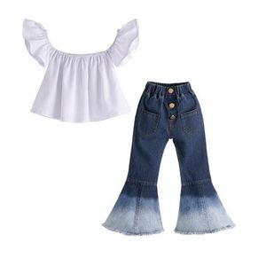 Clothing Sets Suits Clothes Child Summer Tube Top Sexy One Shoulder Denim Flared Pants Girls Casual E17609