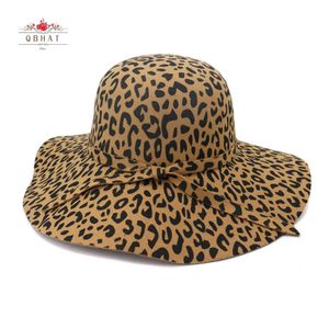 Beanie/Skull Caps Qbhat Wide Wave Brim Artificial Wool Felt Fedora Hats Leopard Printing Women Floppy Hat Fashionabla Female Dress Hat Sun Cap T221013