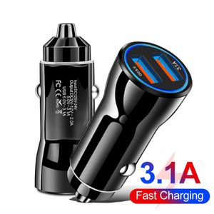 Snabbladdning 3.1A Dual Ports Car Chargers Universal QC3.0 Power Adapter Charger för iPhone 12 13 14 Pro Max Samsung Huawei Tablet PC GPS GPS