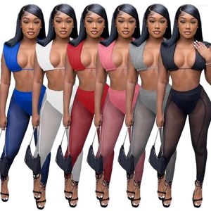 Kvinnors tvåbitar byxor sexiga kvinnor 2 peice set outfits rosa bodycon crop top mager lapptäcke mesh leggings svart matchning