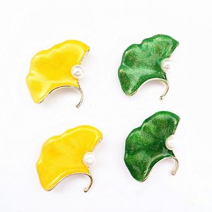 Gold Green Ginkgo Leaf Pearl Brooch Chinese Enamel Brooches Pins Can also be used as Necklace Pendant Women Accessories