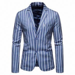 Męskie kurtki moda niebiesko biały w paski Blazer luksusowy kombinezon Lapel Slim Fit Stylowe płaszcze z kurtką z kieszenią Y0FV