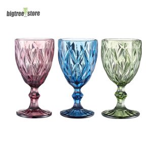 10oz Wine Glasses Colored Glass Goblet with Stem 300ml Vintage Pattern Embossed Romantic Drinkware for Party Wedding