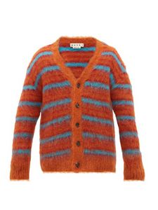 Kingsun mohair stripe fuzzy men designer sweater clothing crew neck knitwear custom mohair cardigan