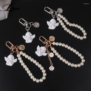 Keychains Vintage White Angel Keychain Women Girl Cute Mini Pearl Heart Key Chain Car Ring Holder Trinket Bag Charms Jewelry