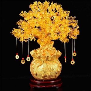 19cm Natural Crystal Tree Doney Doney украшения бонсай в стиле Wealth Luck Feng Shui Home Decorwith золотые монеты и база 211101