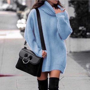 Suéteres femininos 2022 Pullover longo vestido de suéter feminino Autumn Winter Turtleneck Sweater Sweater Casual Ladies Pullovers Dress T2221019