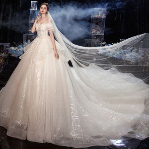 Luxury 2023 Ball Gown Wedding Dresses Modest Sheer Bateau Sequined Applices Back Lace Up Country Style Chic Bridal Clows Custom Made Plus Size