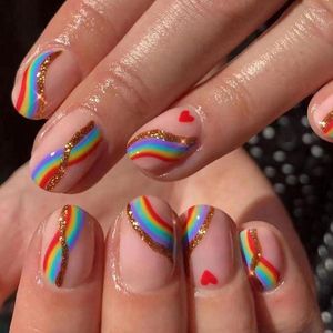 False Nails Rainbow Glitter Nail Full Cover Wearable French Short Fake Square Head Press On Manicure Tool