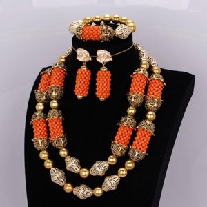 Necklace Earrings Set & Bridal Orange And Gold Fine African Bracelet Balls Costume Jewellery