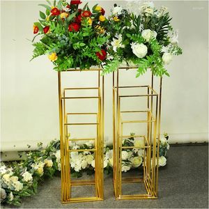 Feestdecoratie Tall Gold Metal Flower Stand Vaas Set voor bruiloft Desktop Event Rechthoek Frame Middelpunt U2231