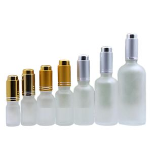 White Frost Round Glass Refillable Bottle Gold Silver Press Dropper Lid Empty Cosmetic Packaging Essential Oil Perfume Vials 5ml 10ml 15ml 20ml 30ml 50ml 100ml