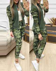 Women's Two Piece Pants Camouflage Print Zipper Jacket & Drawstring Set Sets Women's Suit