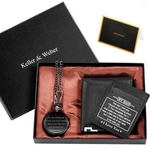 Pocket Watches Male Gift Set Box Steampunk Pendant Black Quartz Watch White Dial Soft Practical Leather Pl￥nbok till min man man