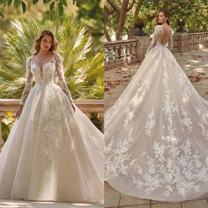 Vintage Lace A Line Mermaid Wedding Dresses V Neck Full Transparent Sleeve Bridal Gown Plus Size Marriage Detachable Train